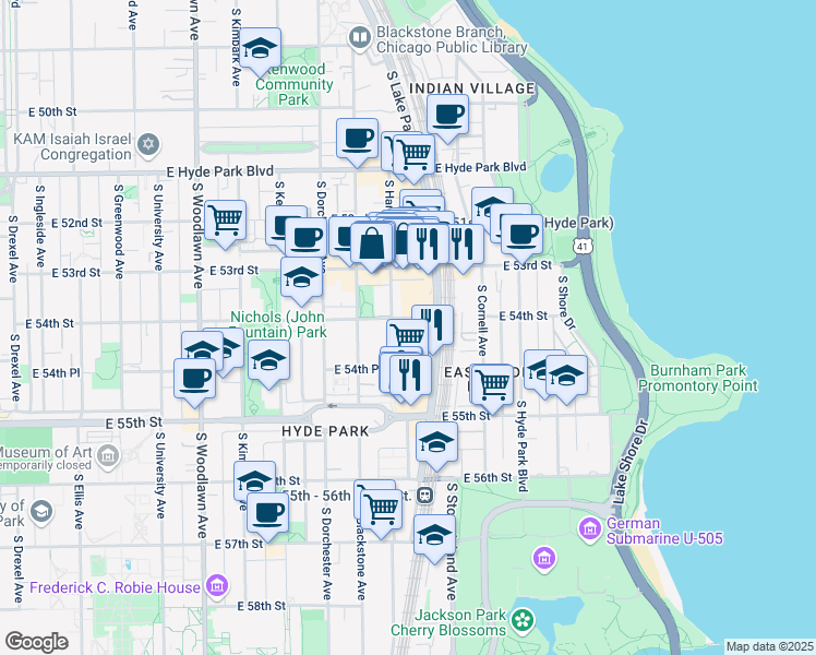 map of restaurants, bars, coffee shops, grocery stores, and more near 5422 South Lake Park Avenue in Chicago