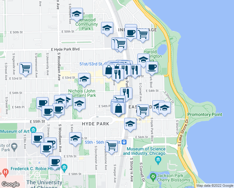 map of restaurants, bars, coffee shops, grocery stores, and more near 5422 South Lake Park Avenue in Chicago
