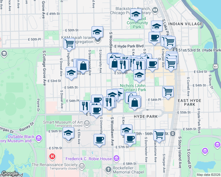 map of restaurants, bars, coffee shops, grocery stores, and more near 5410 South Woodlawn Avenue in Chicago