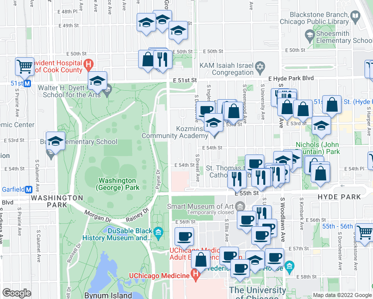 map of restaurants, bars, coffee shops, grocery stores, and more near 5340 South Drexel Avenue in Chicago