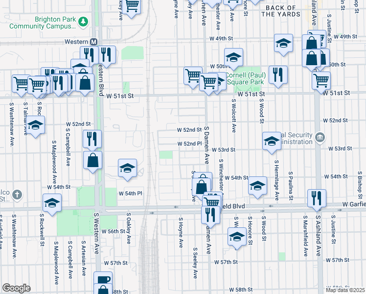 map of restaurants, bars, coffee shops, grocery stores, and more near 2051 West 53rd Street in Chicago