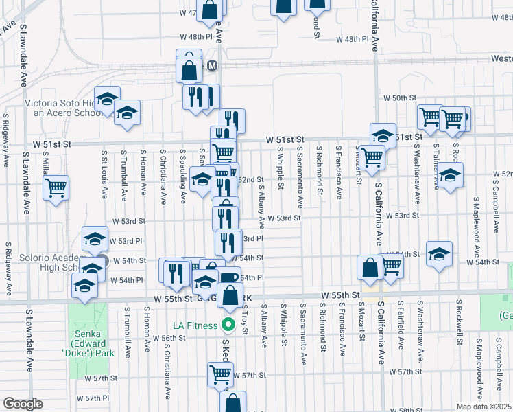 map of restaurants, bars, coffee shops, grocery stores, and more near 5251 South Troy Street in Chicago