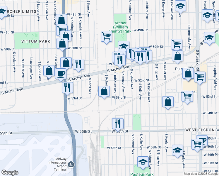 map of restaurants, bars, coffee shops, grocery stores, and more near 5237 South Kolmar Avenue in Chicago