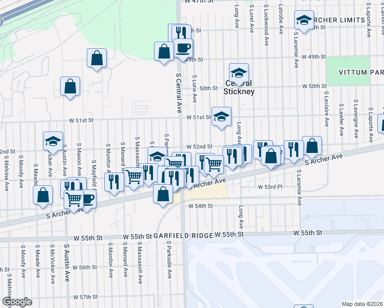 map of restaurants, bars, coffee shops, grocery stores, and more near 5227 South Central Avenue in Chicago