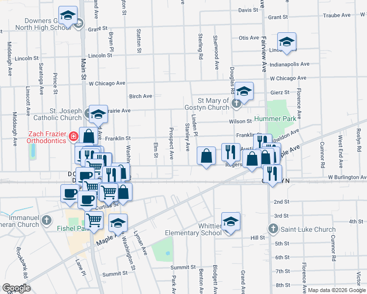 map of restaurants, bars, coffee shops, grocery stores, and more near 4920 Stanley Avenue in Downers Grove