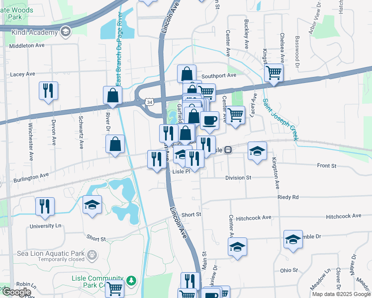 map of restaurants, bars, coffee shops, grocery stores, and more near 1111 Burlington Avenue in Lisle