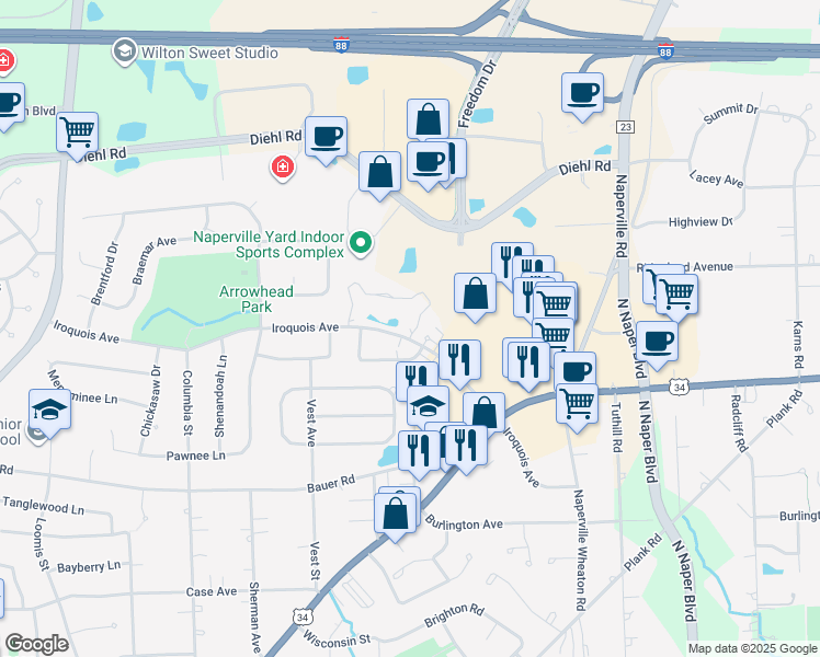 map of restaurants, bars, coffee shops, grocery stores, and more near 1141 Iroquois Avenue in Naperville