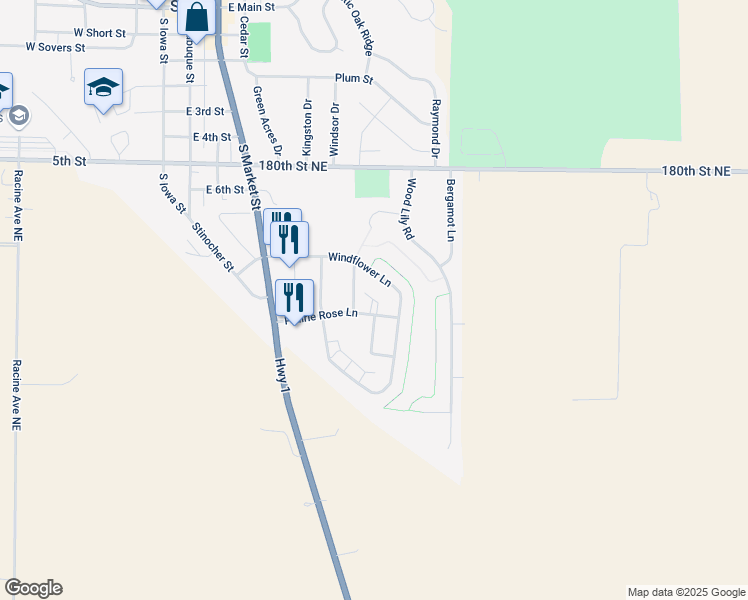 map of restaurants, bars, coffee shops, grocery stores, and more near 206 Prairie Rose Lane in Solon