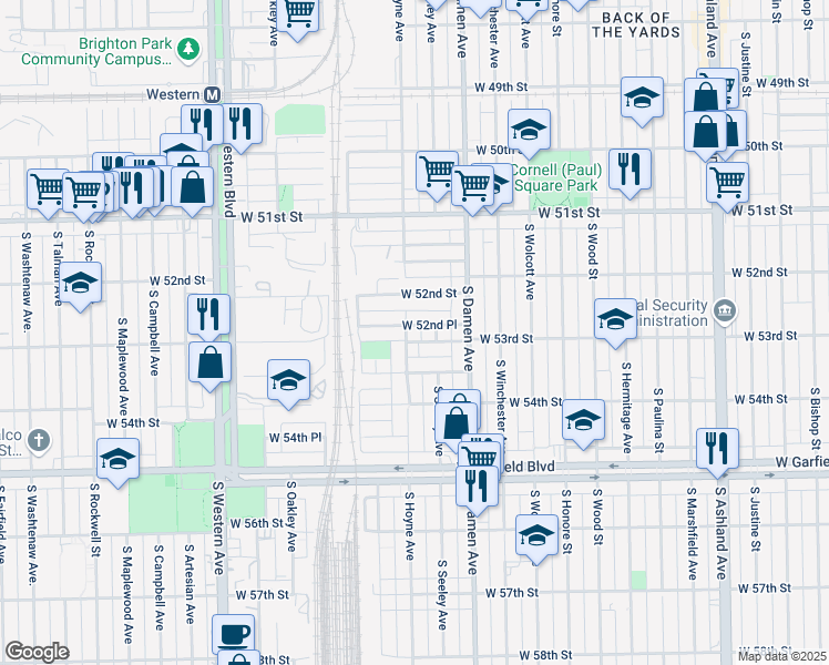 map of restaurants, bars, coffee shops, grocery stores, and more near 2051 West 53rd Street in Chicago