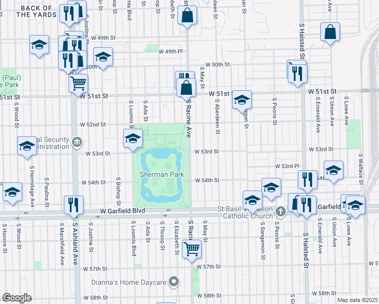 map of restaurants, bars, coffee shops, grocery stores, and more near S Racine Ave & W 53rd St in Chicago