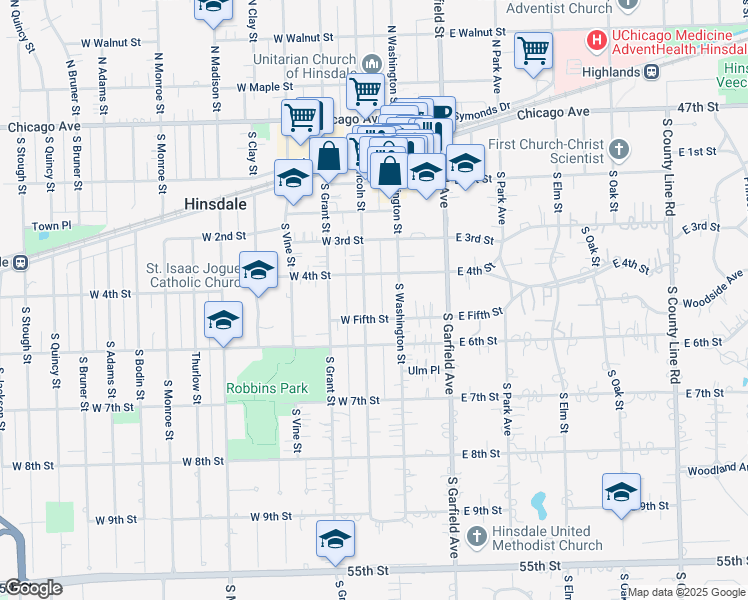 map of restaurants, bars, coffee shops, grocery stores, and more near 433 South Lincoln Street in Hinsdale