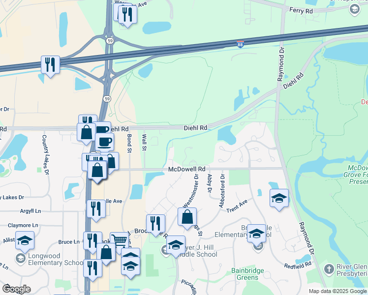 map of restaurants, bars, coffee shops, grocery stores, and more near 1439 McDowell Road in Naperville