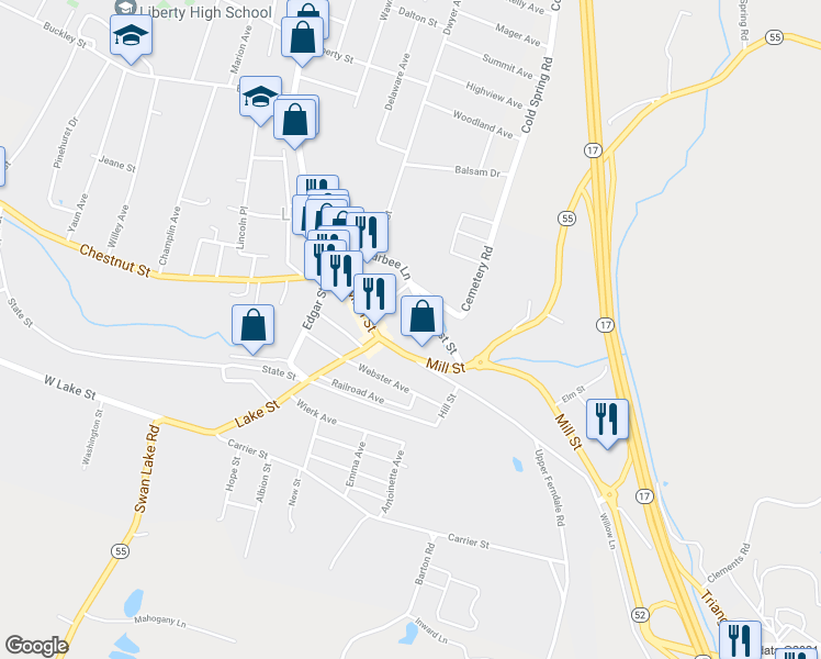 map of restaurants, bars, coffee shops, grocery stores, and more near 17 Oberferst Street in Liberty