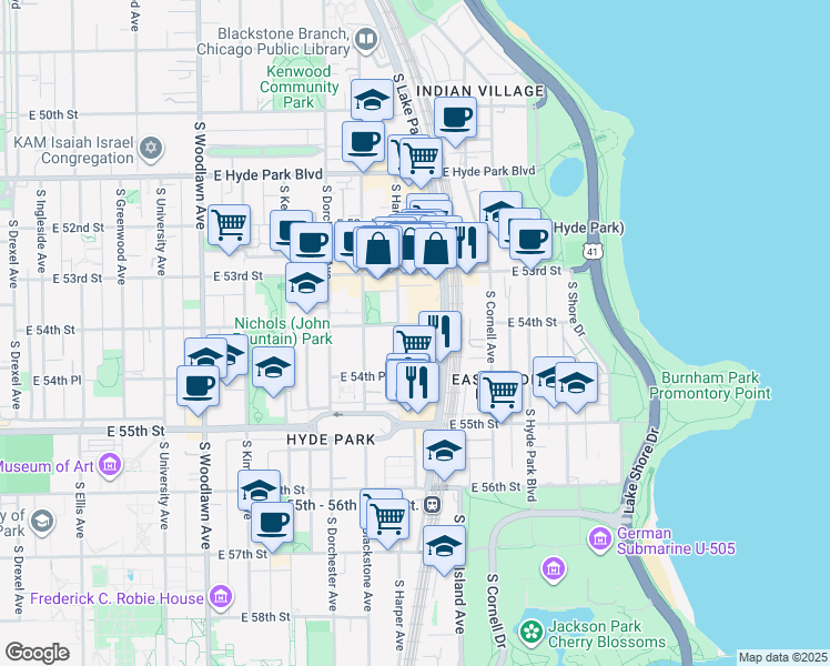 map of restaurants, bars, coffee shops, grocery stores, and more near 5422 South Lake Park Avenue in Chicago