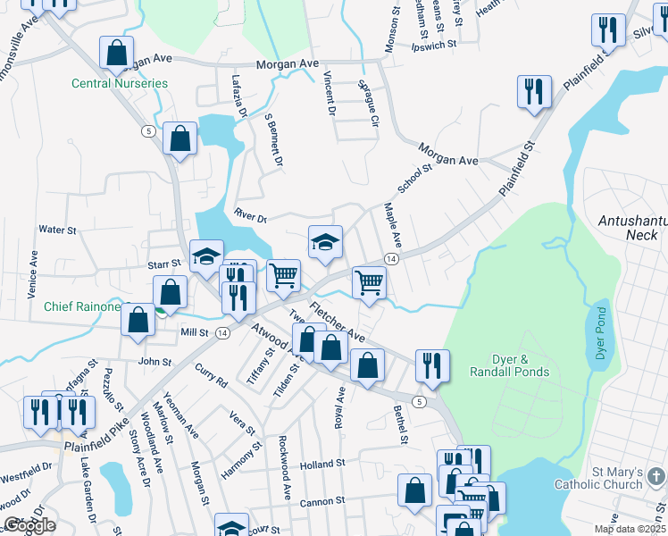 map of restaurants, bars, coffee shops, grocery stores, and more near 1 School Street in Johnston