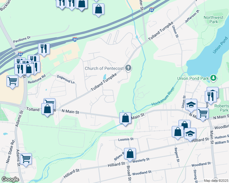 map of restaurants, bars, coffee shops, grocery stores, and more near 52 Oak Forest Drive in Manchester