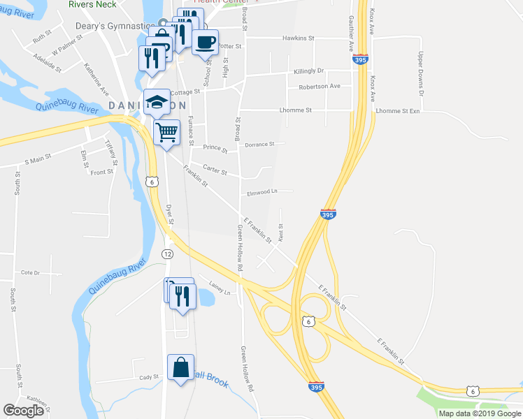 map of restaurants, bars, coffee shops, grocery stores, and more near 6 East Franklin Street in Killingly
