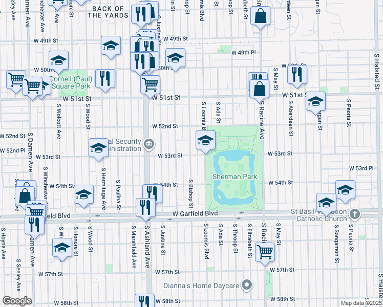 map of restaurants, bars, coffee shops, grocery stores, and more near 1426 West 53rd Street in Chicago