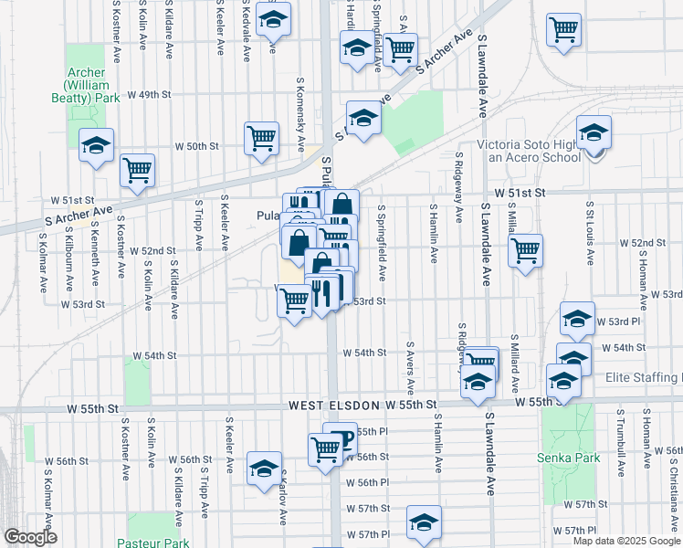 map of restaurants, bars, coffee shops, grocery stores, and more near 5241 South Pulaski Road in Chicago