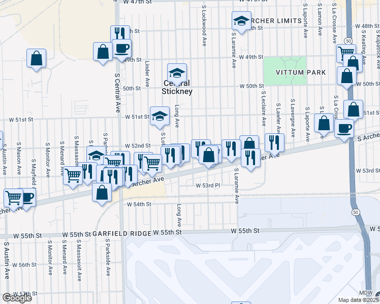 map of restaurants, bars, coffee shops, grocery stores, and more near 5225 South Lorel Avenue in Chicago