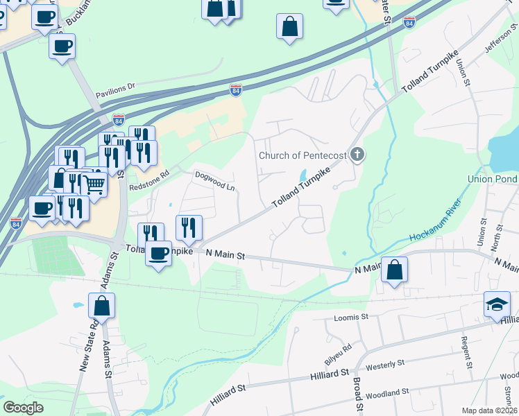 map of restaurants, bars, coffee shops, grocery stores, and more near 905 Tolland Turnpike in Manchester