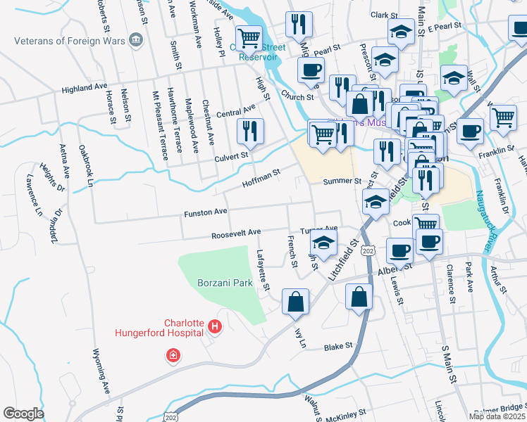 map of restaurants, bars, coffee shops, grocery stores, and more near 107 Funston Avenue in Torrington