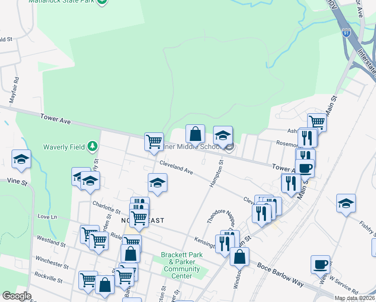 map of restaurants, bars, coffee shops, grocery stores, and more near 223 Tower Avenue in Hartford