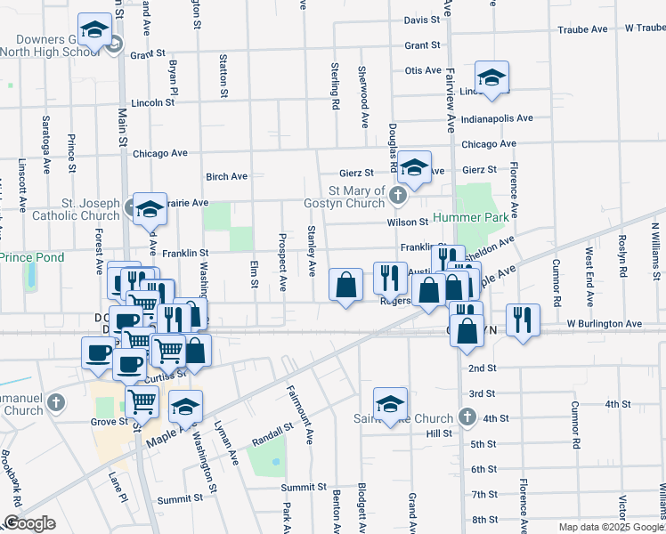 map of restaurants, bars, coffee shops, grocery stores, and more near 615 Austin Street in Downers Grove