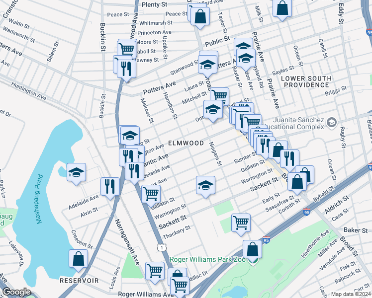 map of restaurants, bars, coffee shops, grocery stores, and more near 143 Adelaide Avenue in Providence
