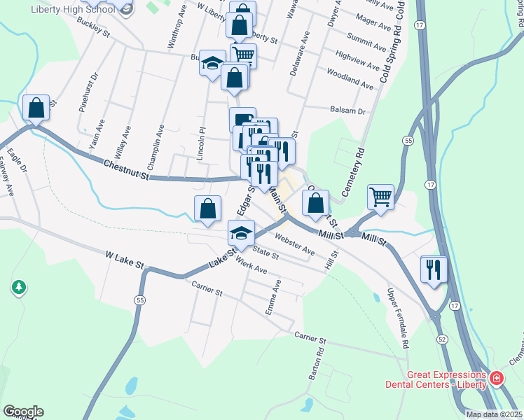 map of restaurants, bars, coffee shops, grocery stores, and more near 15 Spring Street in Liberty