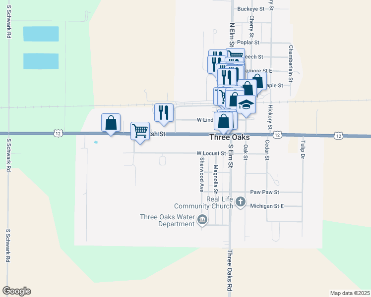 map of restaurants, bars, coffee shops, grocery stores, and more near 209 West Locust Street in Three Oaks