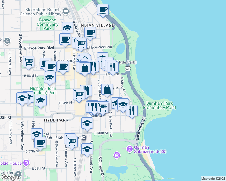 map of restaurants, bars, coffee shops, grocery stores, and more near 5419 South Hyde Park Boulevard in Chicago