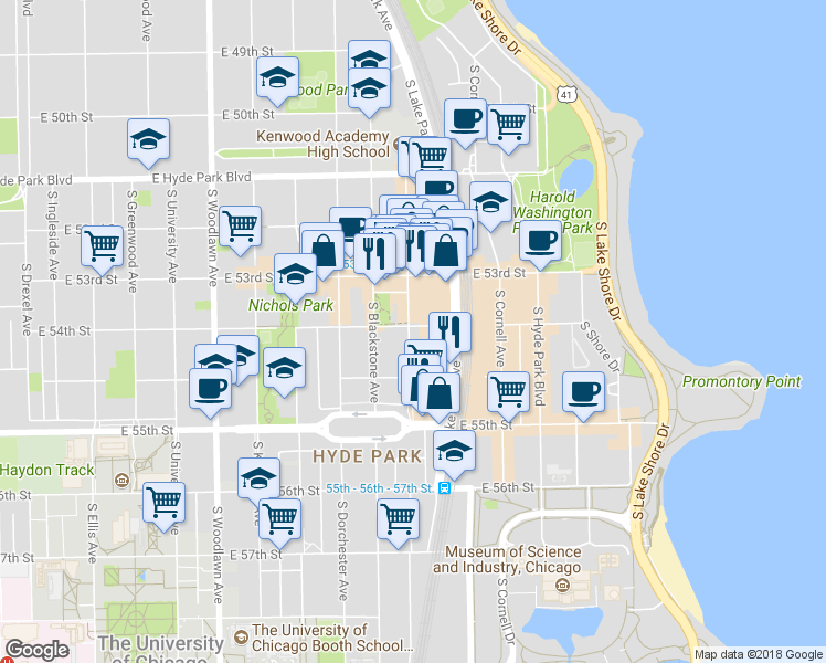 map of restaurants, bars, coffee shops, grocery stores, and more near 5416 South Harper Avenue in Chicago