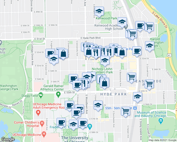 map of restaurants, bars, coffee shops, grocery stores, and more near in Chicago