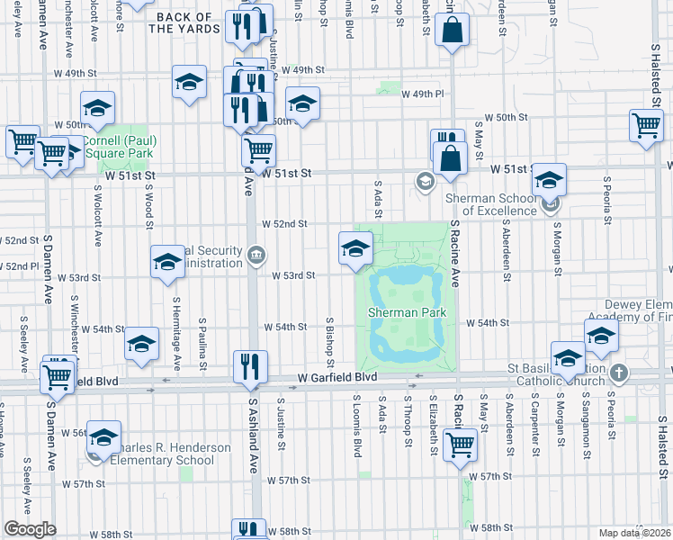 map of restaurants, bars, coffee shops, grocery stores, and more near 5300 South Loomis Boulevard in Chicago