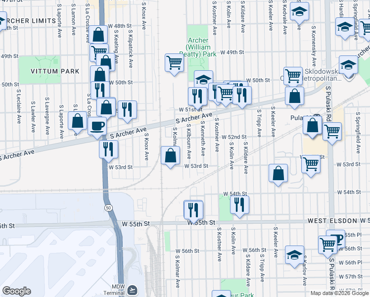 map of restaurants, bars, coffee shops, grocery stores, and more near 5237 South Kolmar Avenue in Chicago