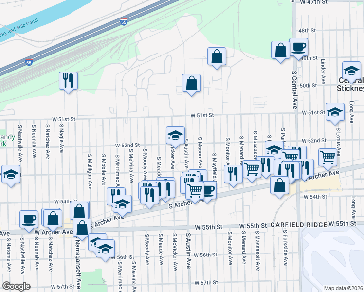 map of restaurants, bars, coffee shops, grocery stores, and more near 5216 South Austin Avenue in Chicago