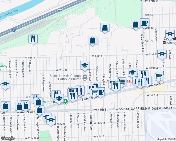 map of restaurants, bars, coffee shops, grocery stores, and more near 5216 South Austin Avenue in Chicago