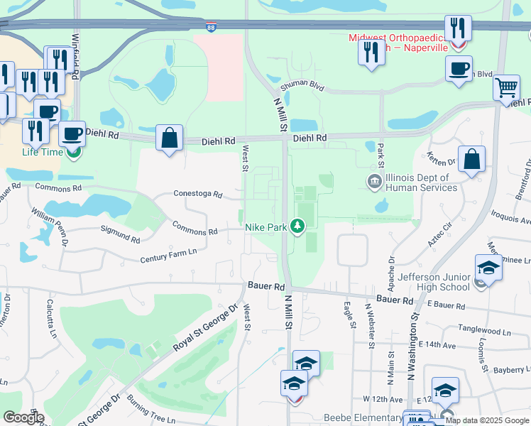map of restaurants, bars, coffee shops, grocery stores, and more near 1619 North Mill Street in Warrenville