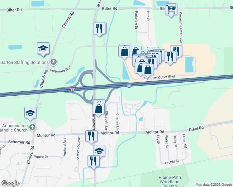 map of restaurants, bars, coffee shops, grocery stores, and more near 1990 Elizabeth Lane in Aurora