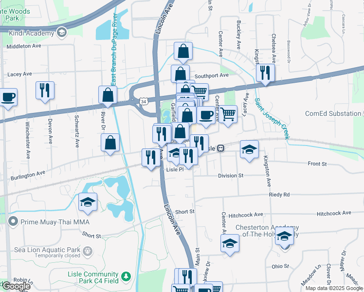 map of restaurants, bars, coffee shops, grocery stores, and more near 1111 Burlington Avenue in Lisle