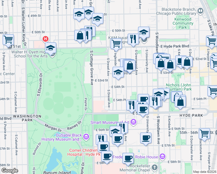 map of restaurants, bars, coffee shops, grocery stores, and more near 5401 South Drexel Boulevard in Chicago