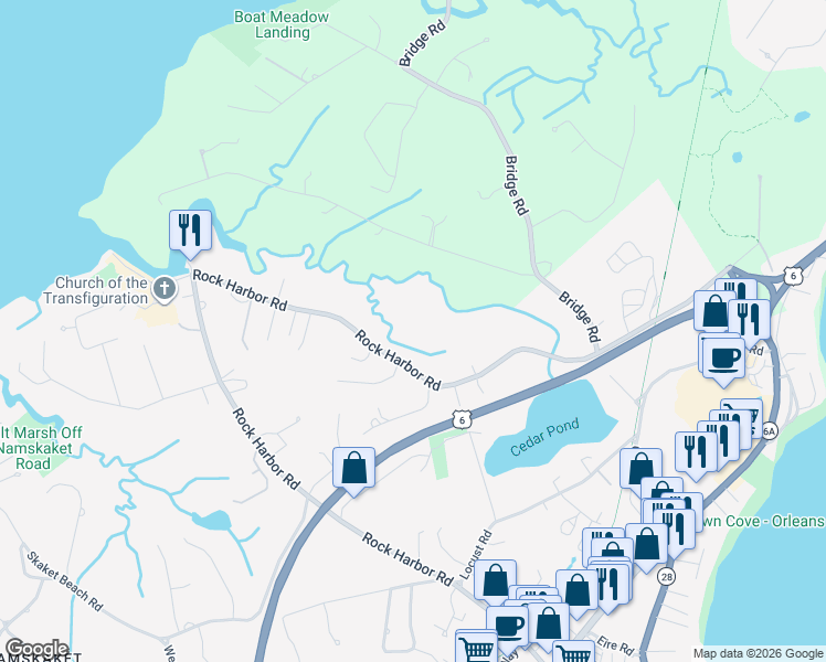 map of restaurants, bars, coffee shops, grocery stores, and more near 175 Rock Harbor Road in Orleans