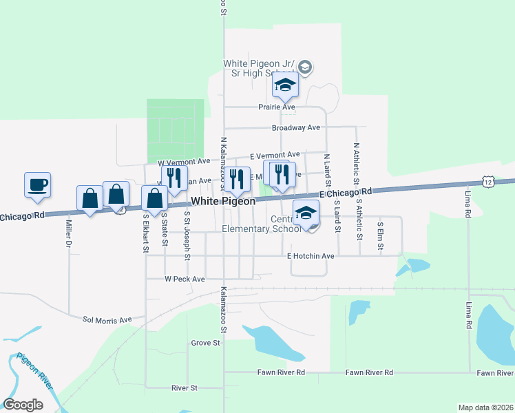 map of restaurants, bars, coffee shops, grocery stores, and more near 109 South Company Street in White Pigeon
