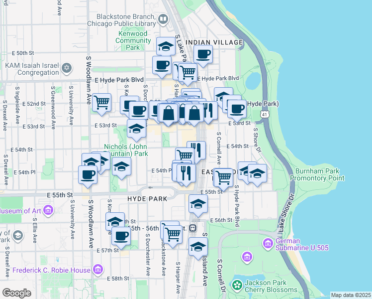 map of restaurants, bars, coffee shops, grocery stores, and more near 1515-1521 East 54th Street in Chicago