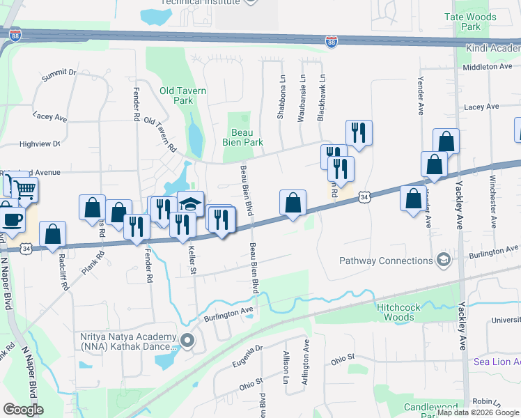 map of restaurants, bars, coffee shops, grocery stores, and more near 4715 Beau Bien Boulevard in Lisle