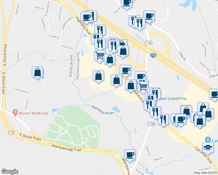 map of restaurants, bars, coffee shops, grocery stores, and more near 179 Highland Avenue in Seekonk