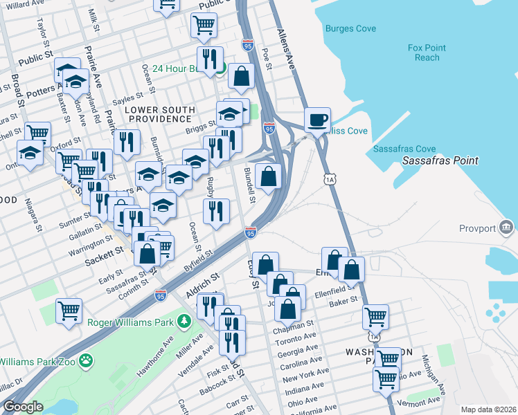 map of restaurants, bars, coffee shops, grocery stores, and more near 100 Pavilion Avenue in Providence