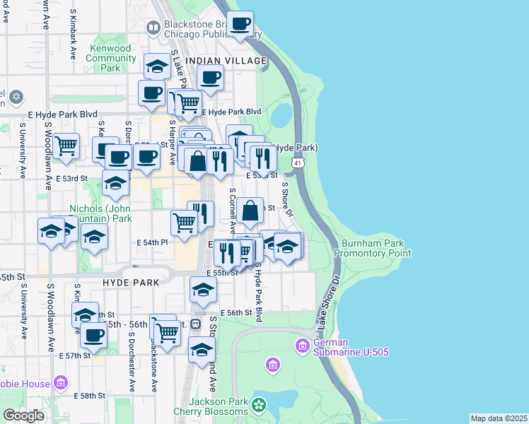 map of restaurants, bars, coffee shops, grocery stores, and more near 5419 South Hyde Park Boulevard in Chicago