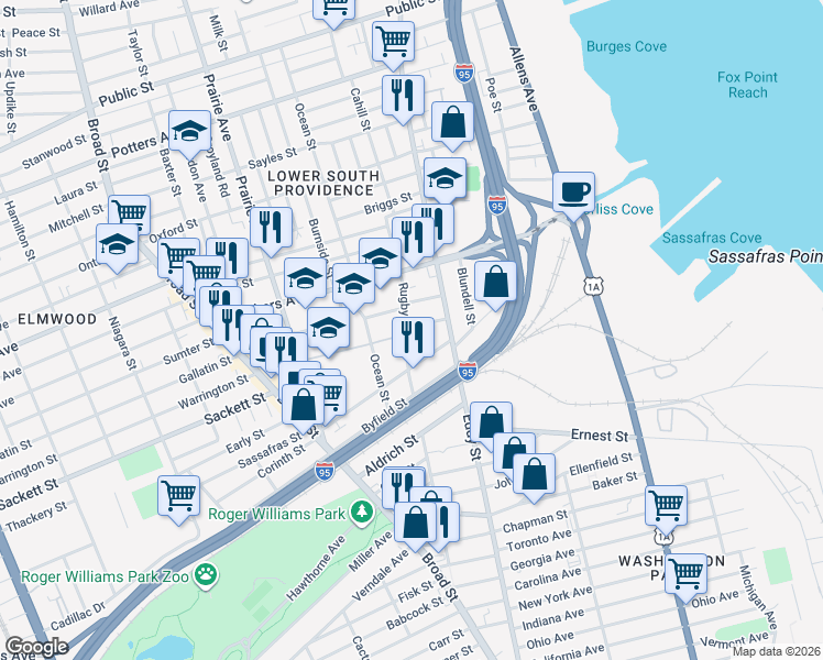 map of restaurants, bars, coffee shops, grocery stores, and more near 38 Nebraska Street in Providence